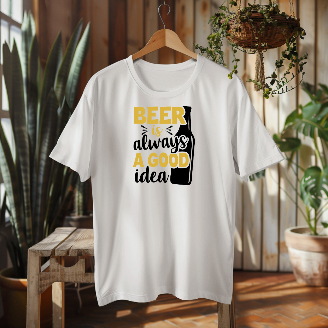 White t-shirt with 'Beer is always a good idea' text on a wooden hanger with plants in the background