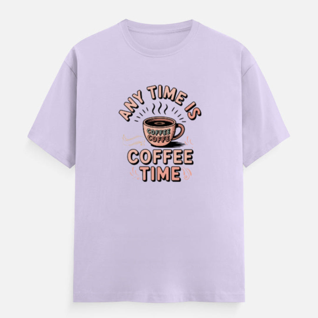 Lavender t-shirt with 'Any Time is Coffee Time' graphic on a white background