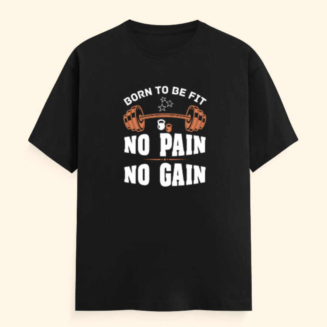 Black t-shirt with fitness-themed graphic and text on a beige background