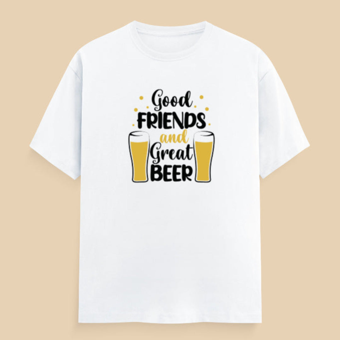 White t-shirt with 'Good Friends and Great Beer' text and beer glass graphics