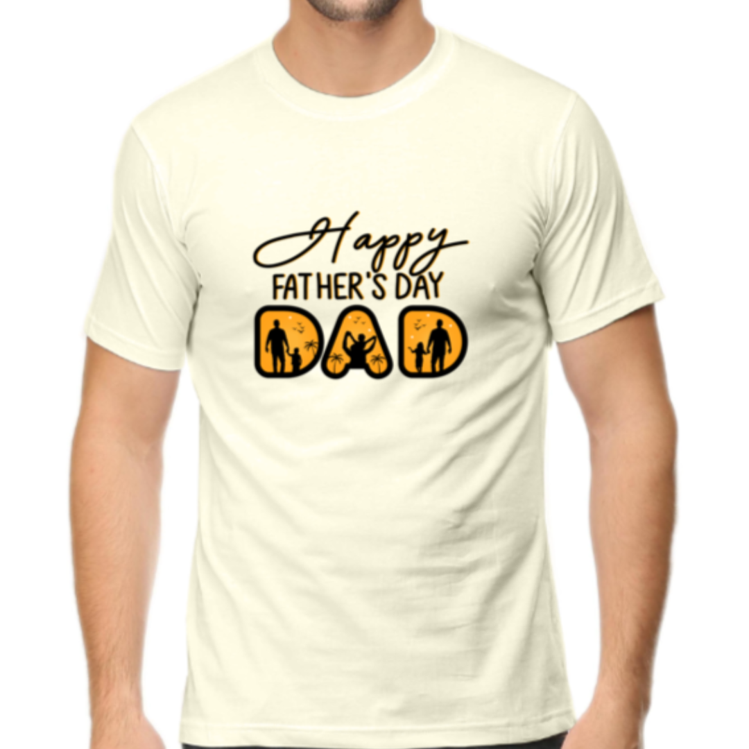 Man wearing a cream t-shirt with 'Happy Father's Day Dad' text and graphics.