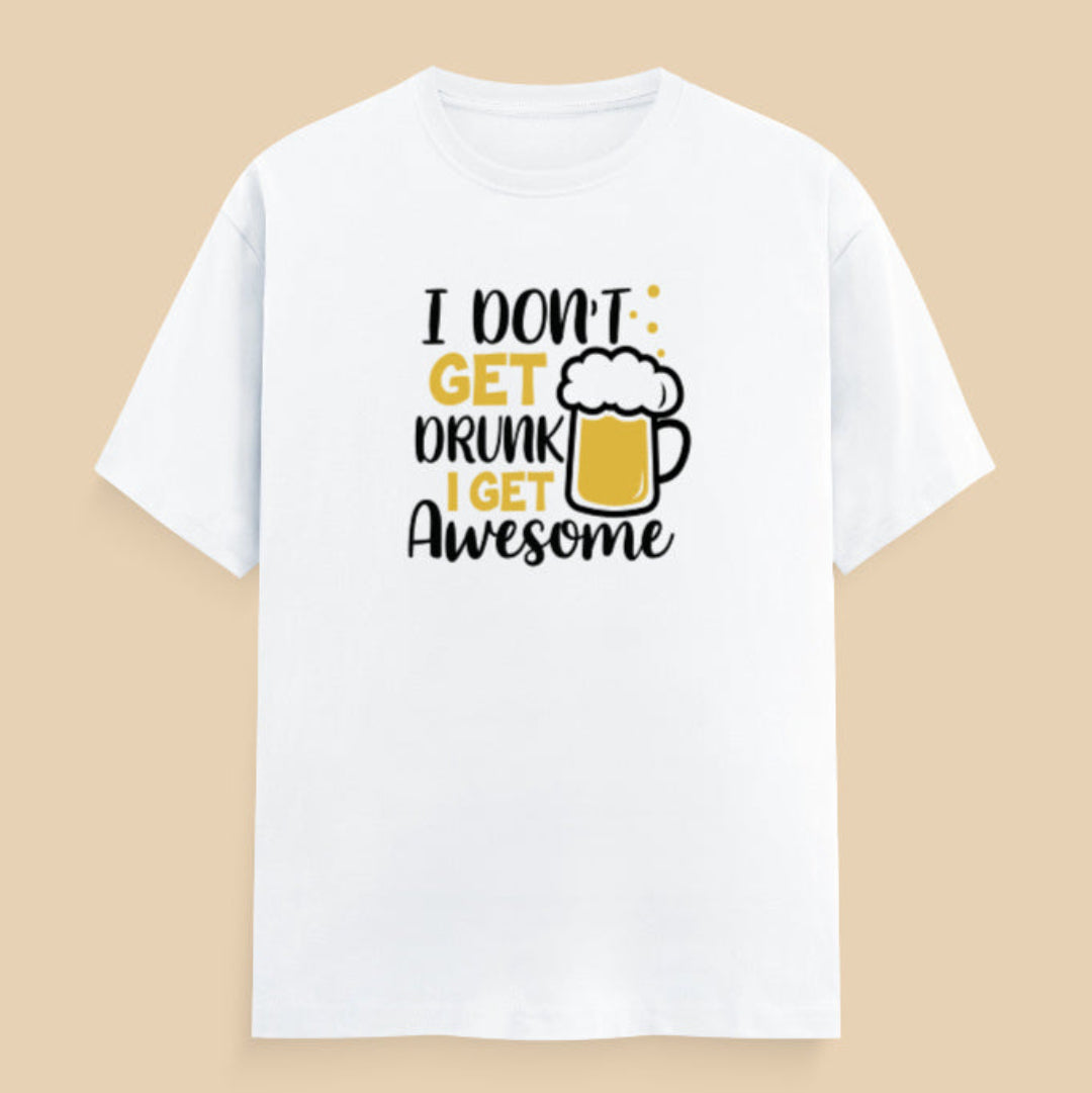 White t-shirt with humorous text and beer graphic