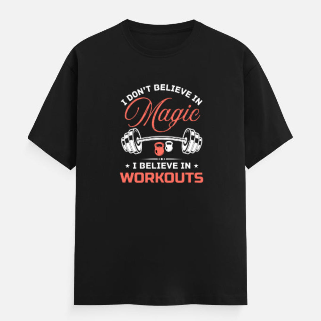 Black t-shirt with humorous fitness quote on a white background