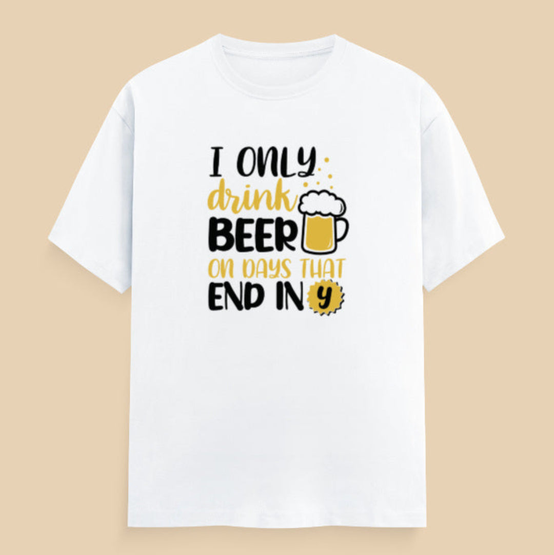 White t-shirt with humorous text and beer graphic