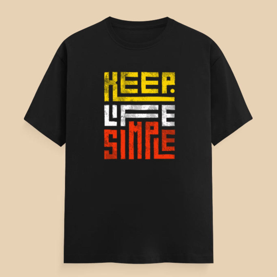 Black t-shirt with 'KEEP LIFE SIMPLE' text in yellow, white, and red on a beige background