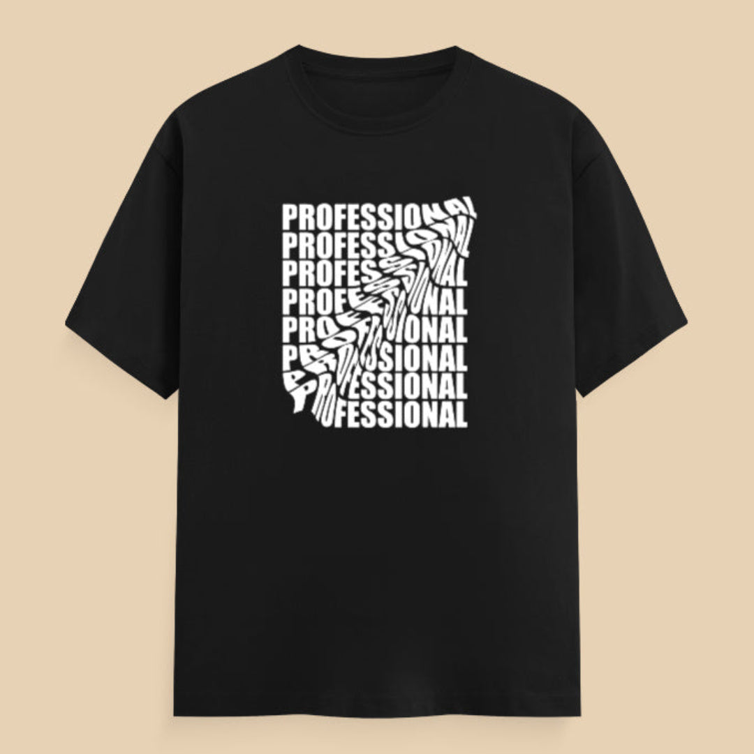 Black t-shirt with 'PROFESSIONAL' text design on a beige background