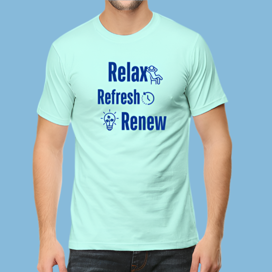 Light blue t-shirt with motivational text on a solid background