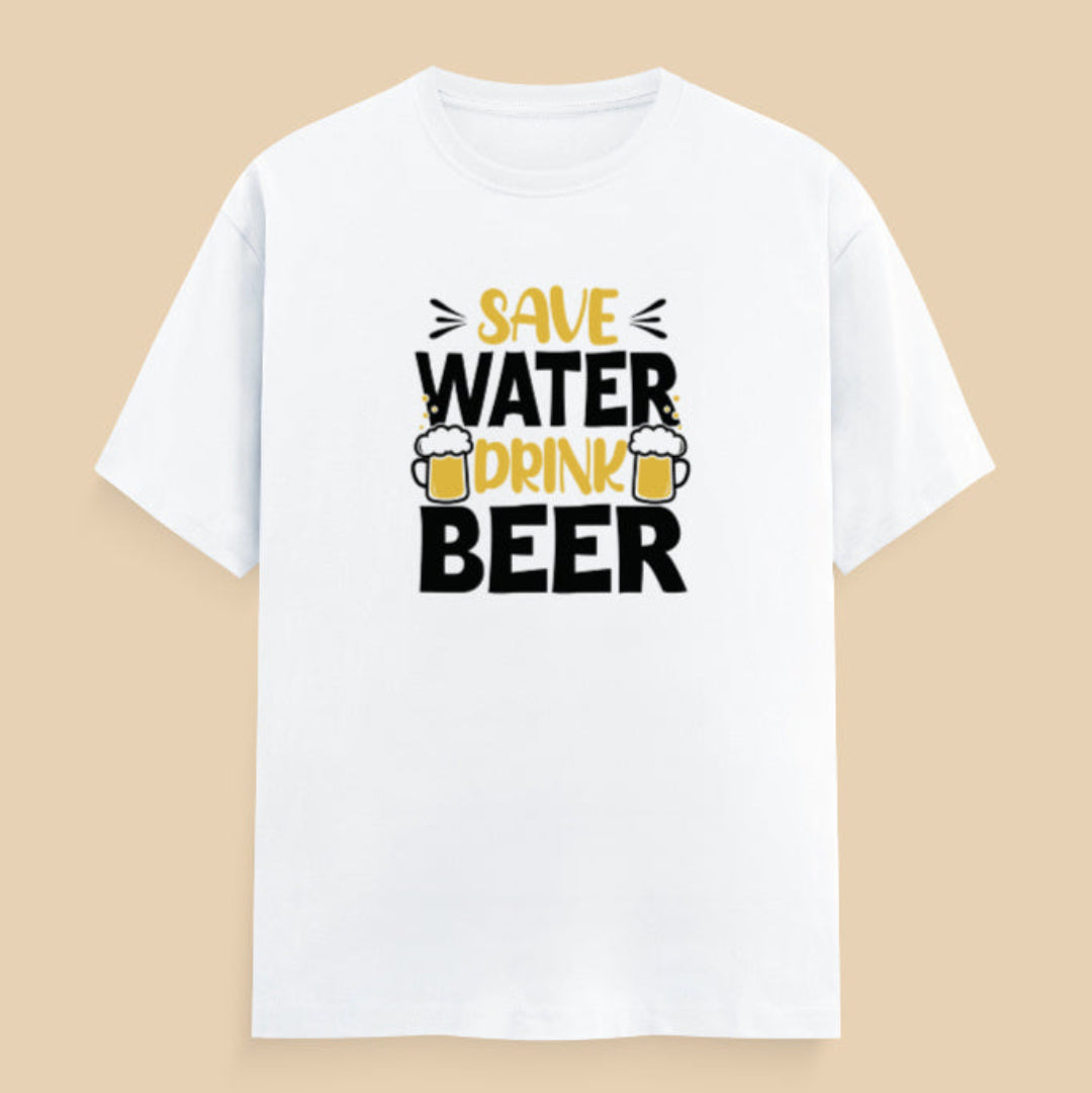 White t-shirt with 'Save Water Drink Beer' text
