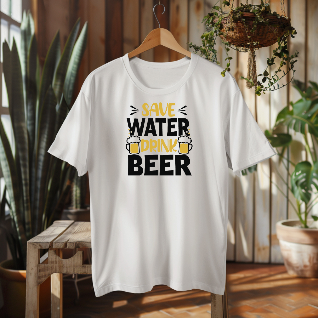 White t-shirt with 'Save Water Drink Beer' text on a wooden hanger against a plant-filled room background.