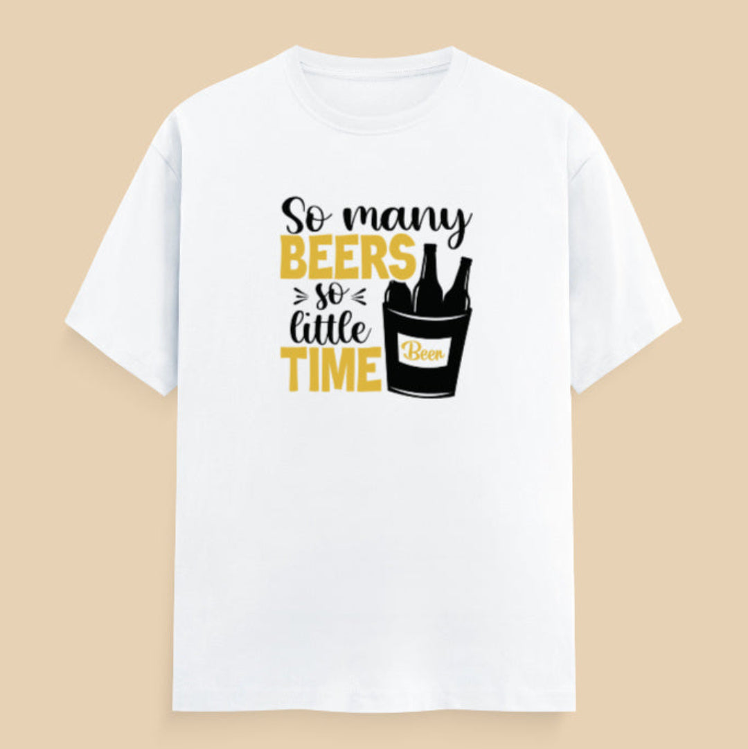 White t-shirt with 'So many beers so little time' text and beer bottle graphic
