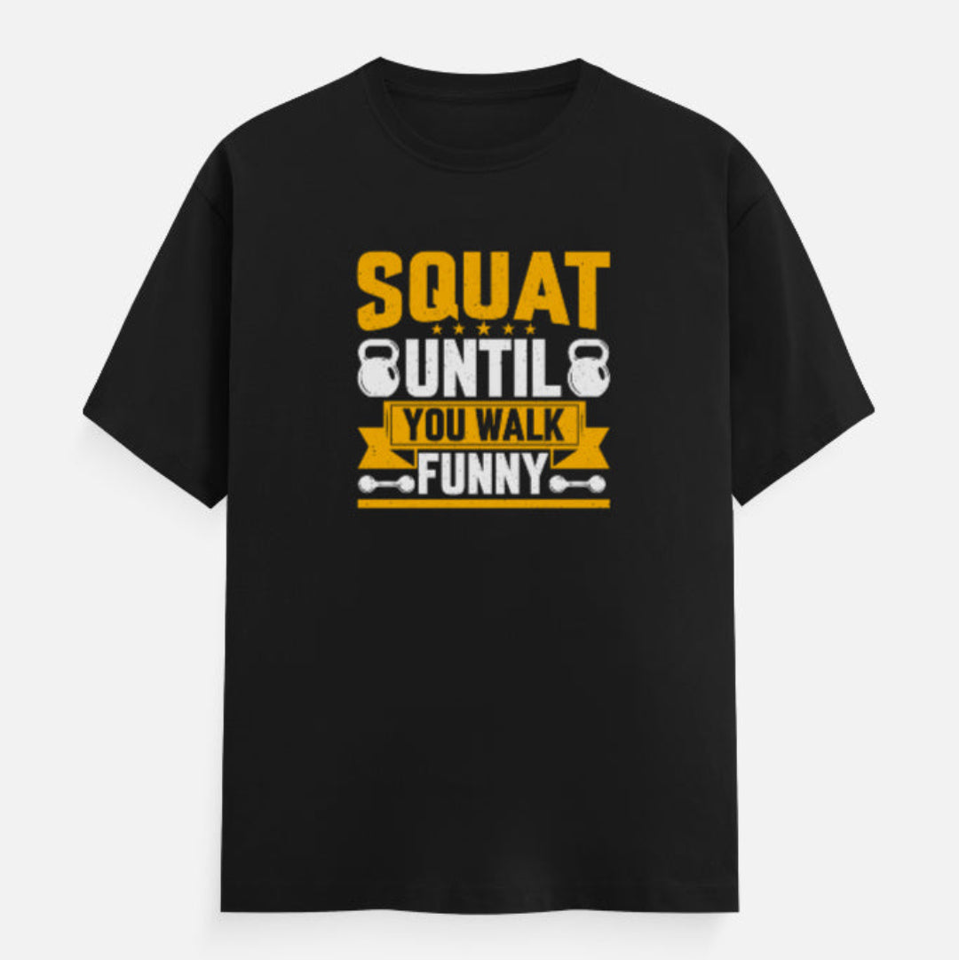 Black t-shirt with yellow and white text and graphics on a white background