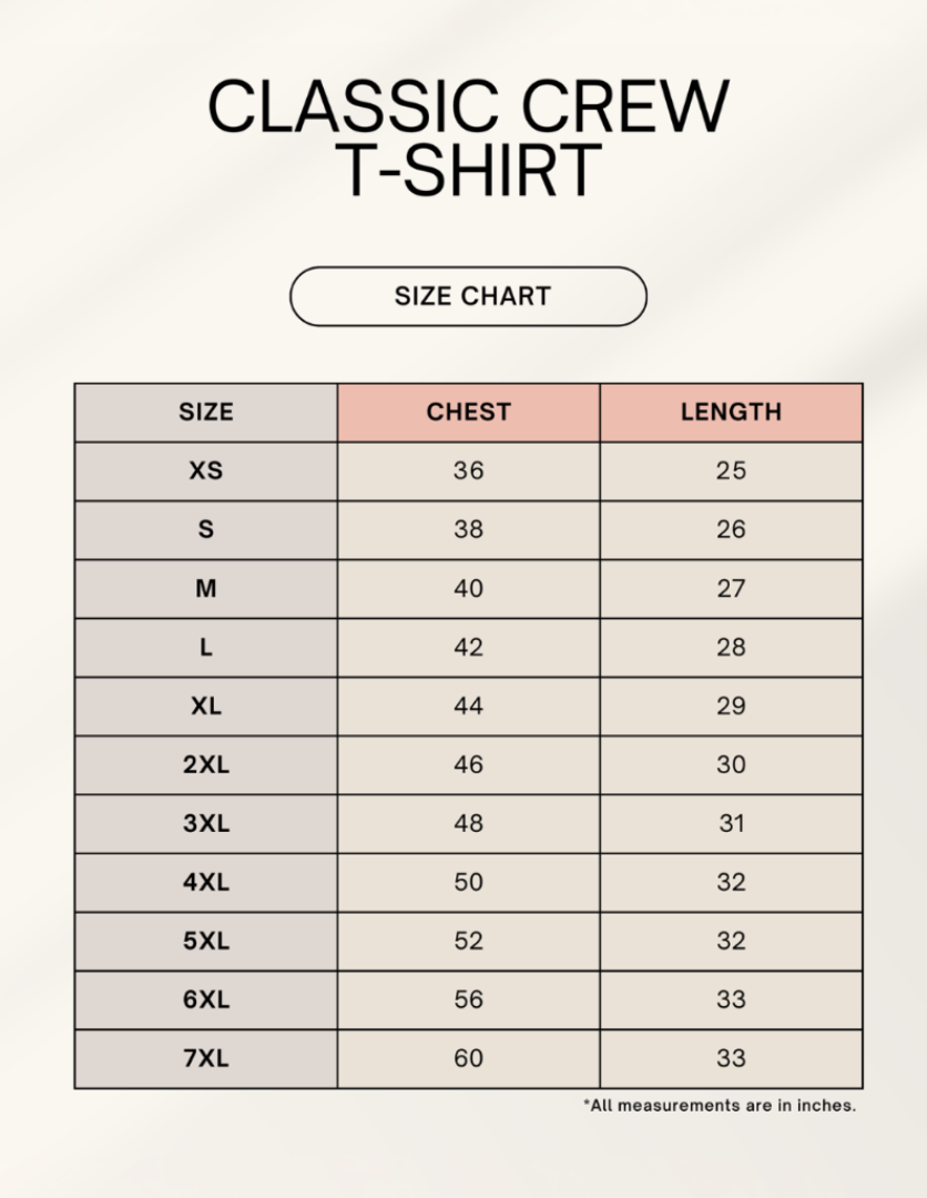 Unisex Crew T-Shirt Size Chart
