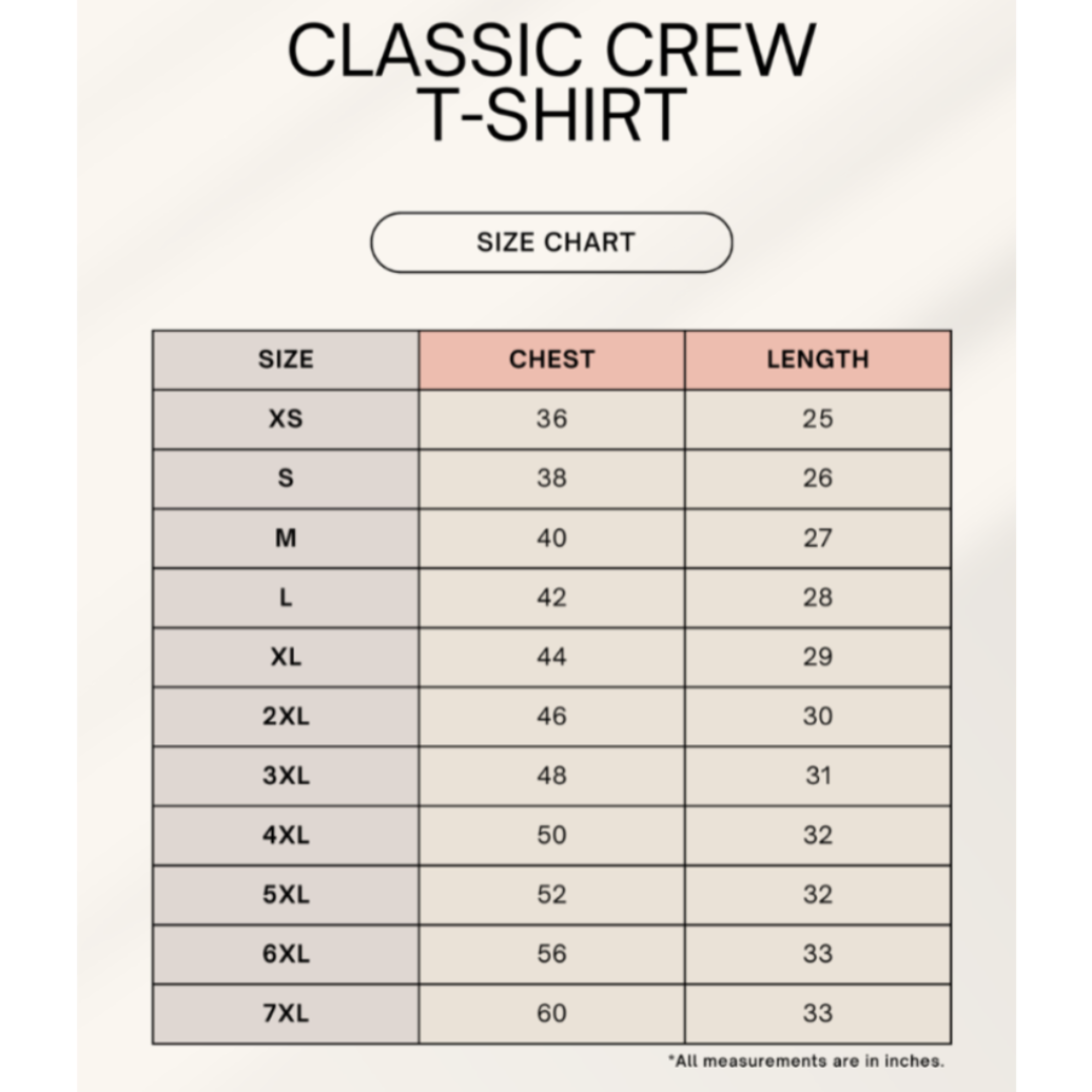 Unisex Crew T-Shirt Size Chart