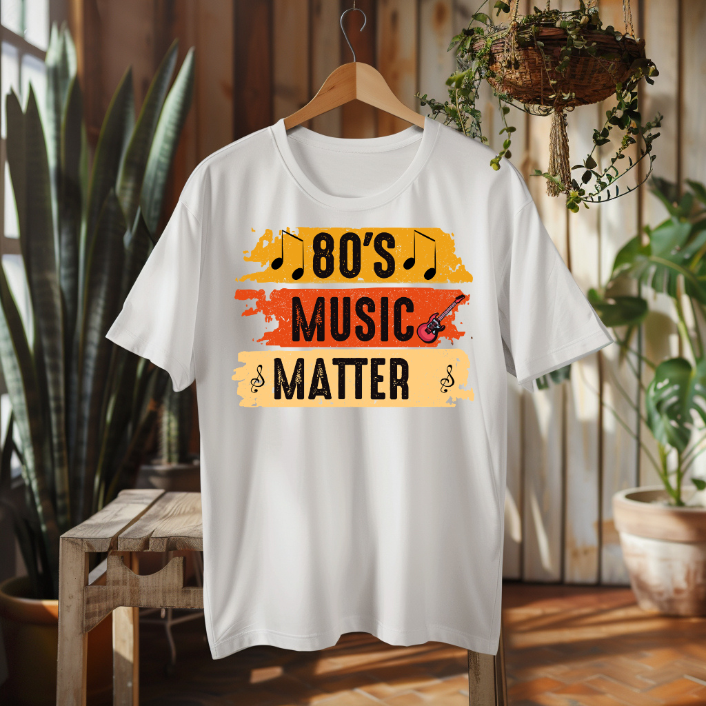 A white short-sleeve T-shirt hanging on a wooden hanger in a rustic indoor setting. The shirt features a colorful retro graphic with the text '80'S MUSIC MATTER' in black over yellow, orange, and beige paint-stroke blocks, with small musical notes and a guitar illustration.