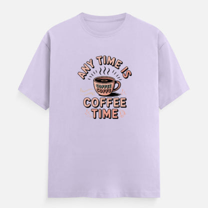 Lavender t-shirt with 'Any Time is Coffee Time' graphic on a white background