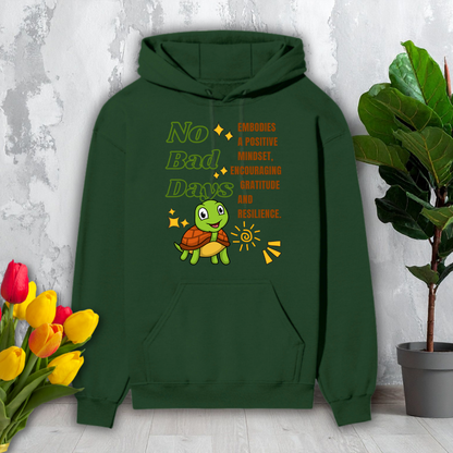 Green hoodie with a turtle graphic and motivational text on a light gray surface with flowers and a plant.