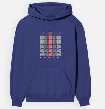 Blue hoodie with 'BRAVE' text design on a white background
