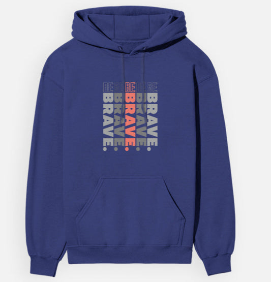Blue hoodie with 'BRAVE' text design on a white background