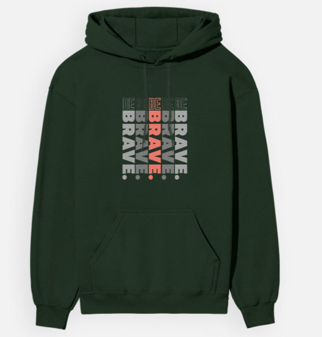 Green hoodie with 'Be Brave' text design on a white background