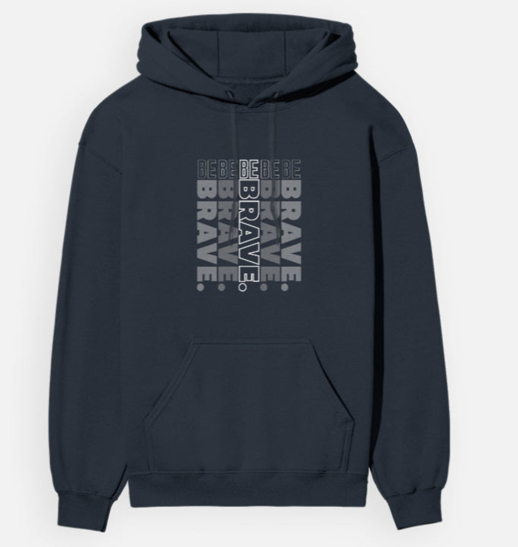 Navy hoodie with 'Be Brave' text design on a white background