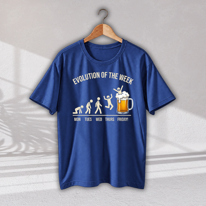 A royal blue short-sleeve t-shirt hanging on a wooden hanger against a light gray wall. The shirt features a graphic print showing the evolution of humans with a beer mug at the end, captioned 'EVOLUTION OF THE WEEK' and labeled with days of the week from Monday to Friday.