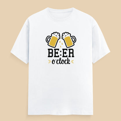White t-shirt with beer-themed design on a wooden surface