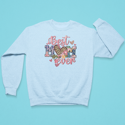Light blue sweatshirt with 'Best Mom Ever' text on a light blue background