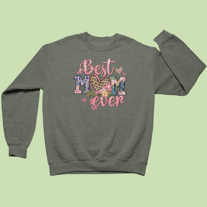 Olive Green sweatshirt with 'Best Mom Ever' text on a blue background
