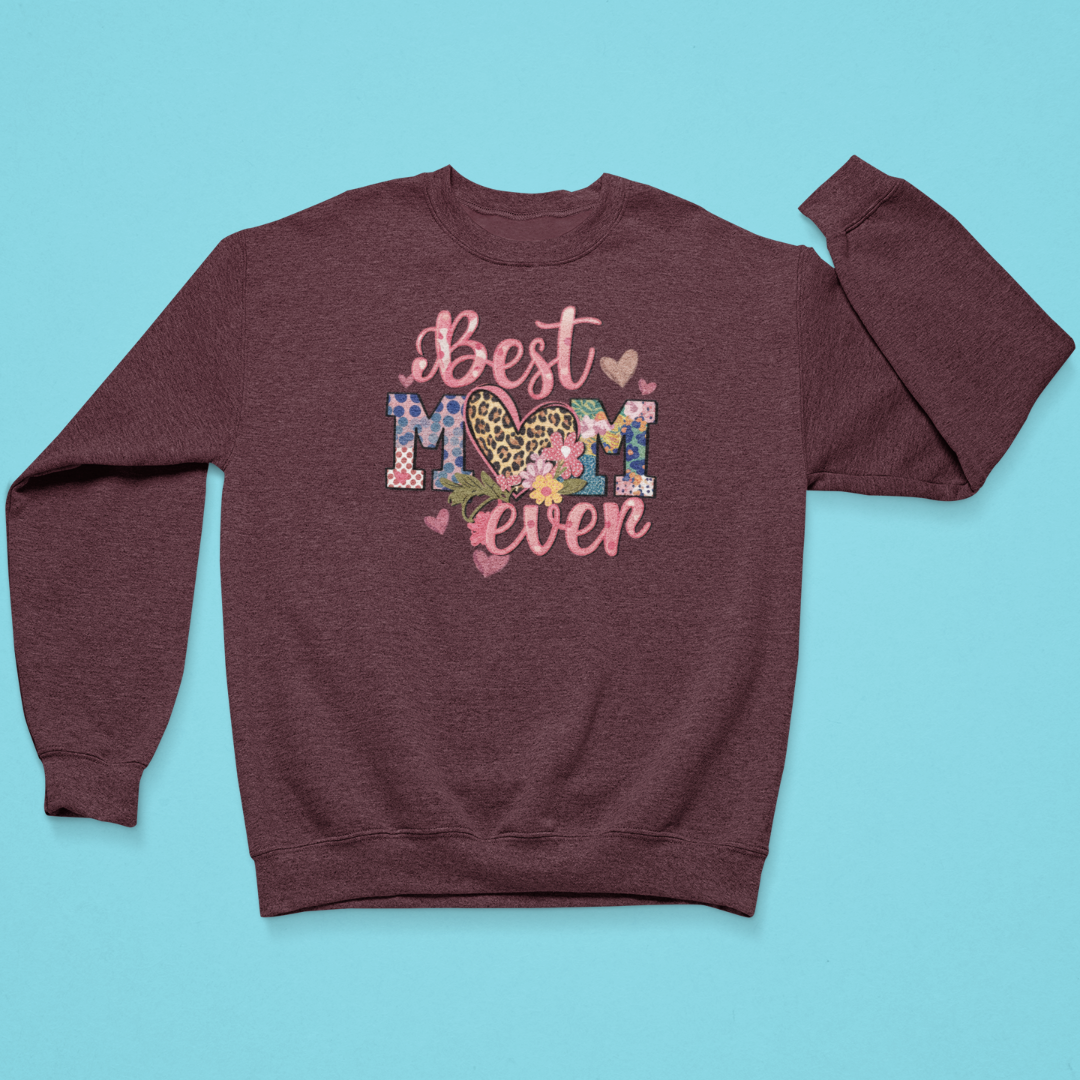 Maroon sweatshirt with 'Best Mom Ever' text on a blue background