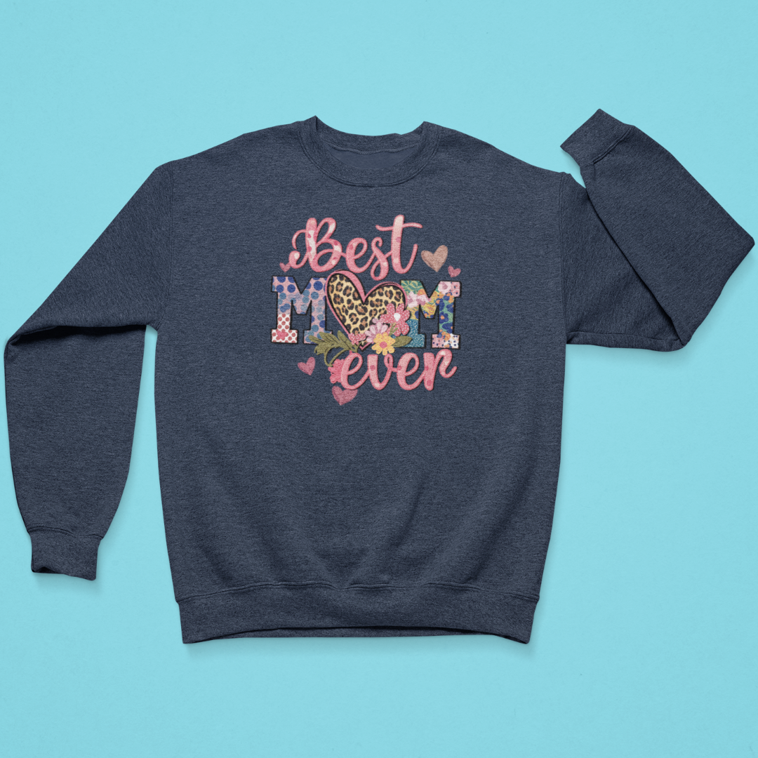 Navy blue sweatshirt with 'Best Mom Ever' text on a light blue background