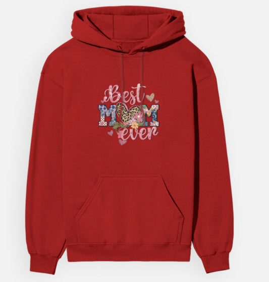 Red hoodie with 'Best Mom Ever' text on a white background