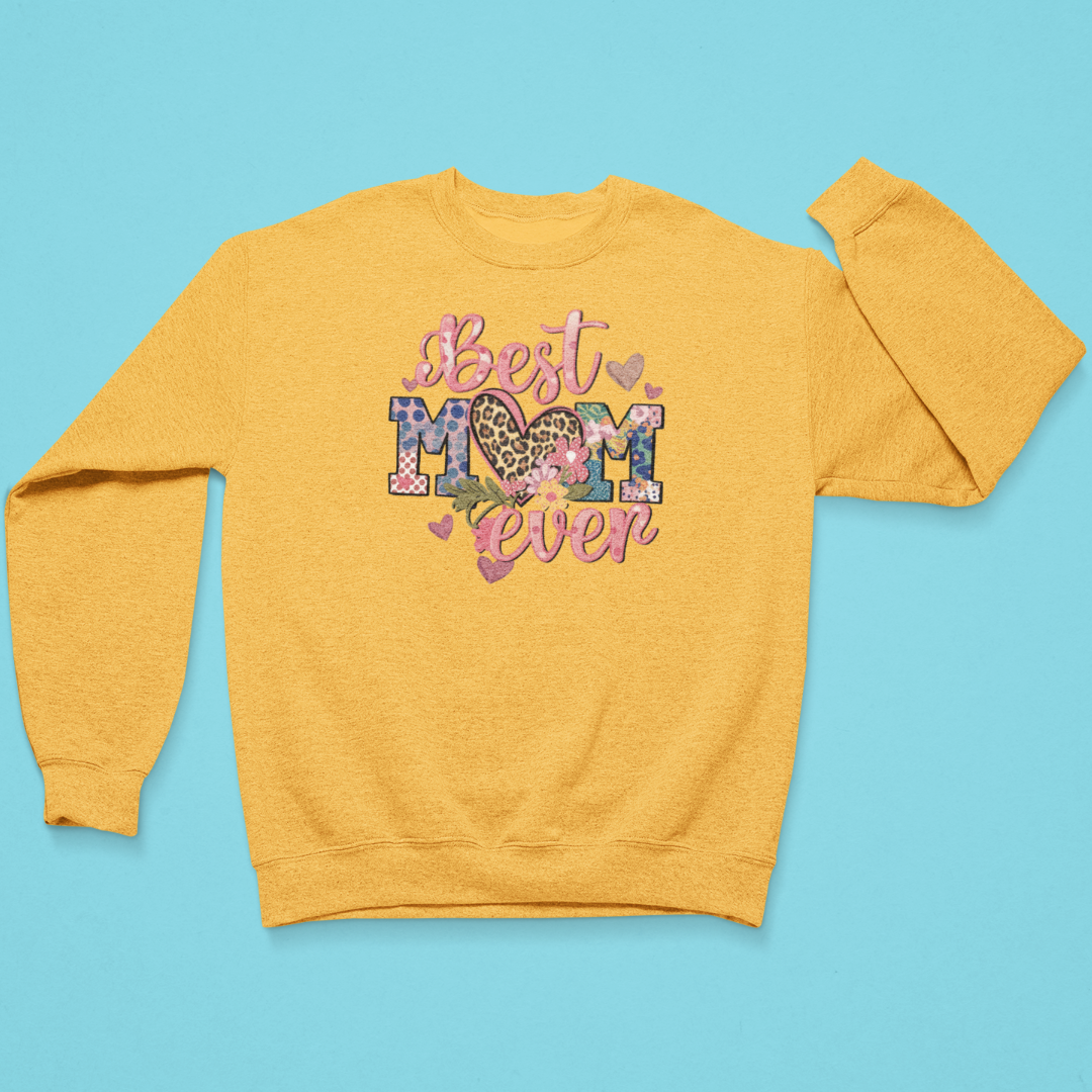 Yellow sweatshirt with 'Best Mom Ever' text on a blue background