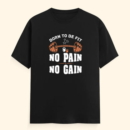 Black t-shirt with fitness-themed graphic and text on a beige background
