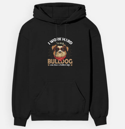 Black hoodie with bulldog graphic and text on a white background