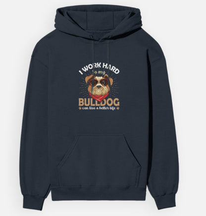 Navy blue hoodie with bulldog graphic and text on a white background