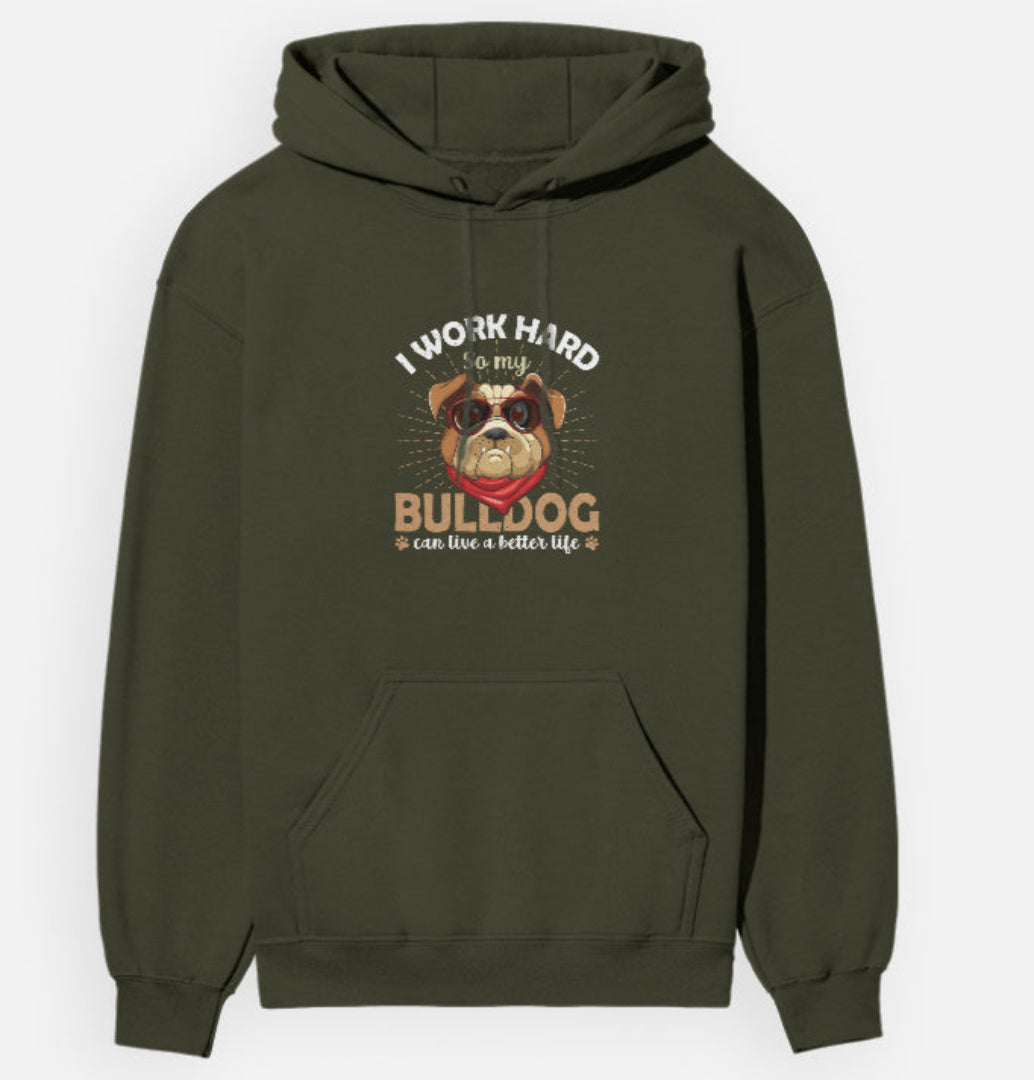 Green hoodie with bulldog graphic and text on a white background