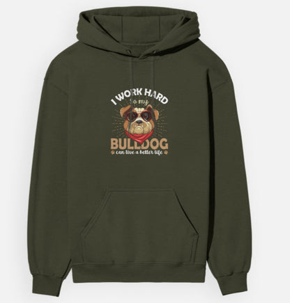Green hoodie with bulldog graphic and text on a white background