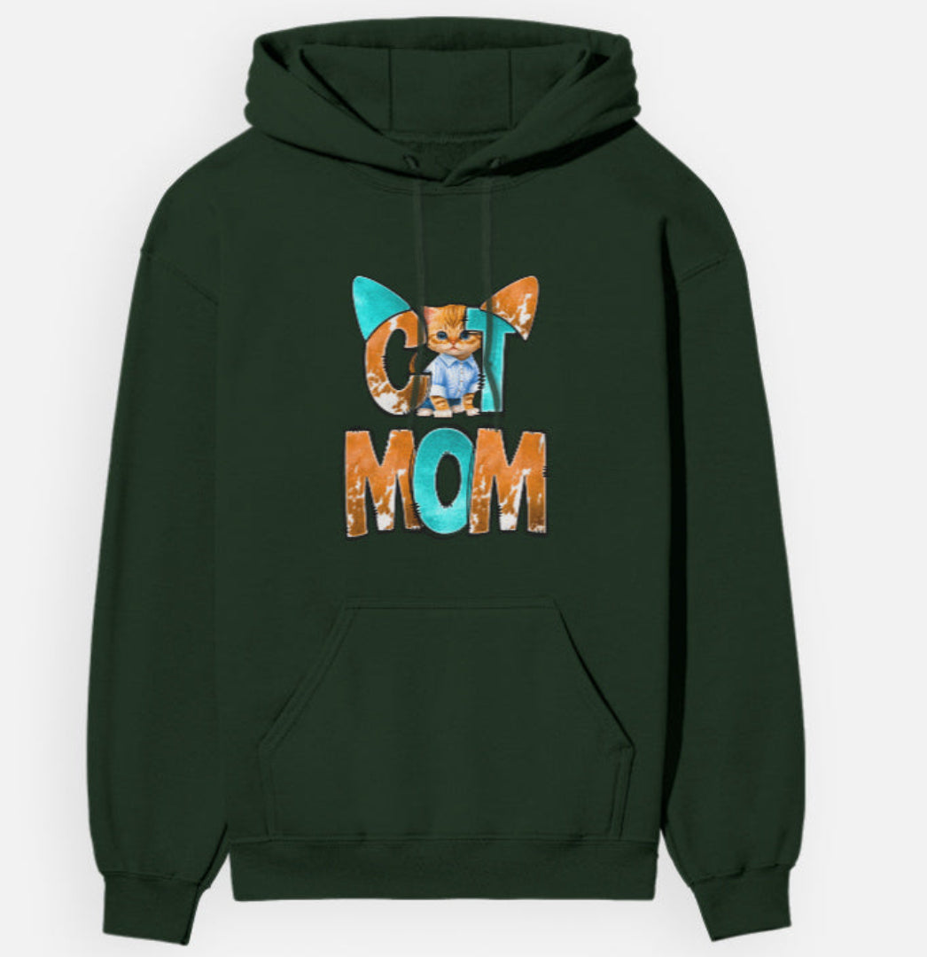 Green hoodie with 'Cat Mom' text and cat graphic on a white background