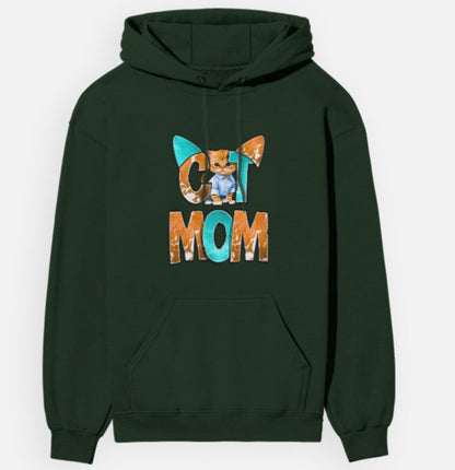 Green hoodie with 'Cat Mom' text and cat graphic on a white background