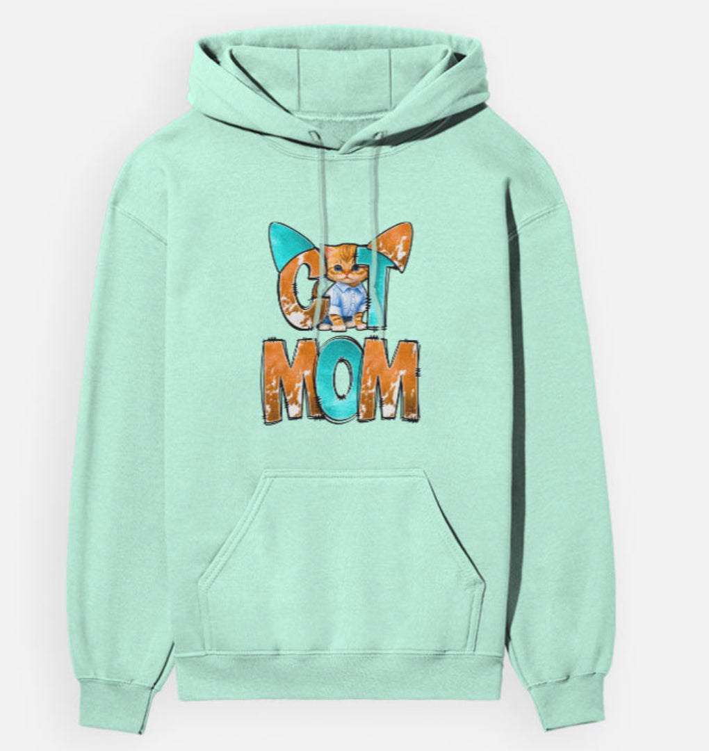 Mint green hoodie with 'Cat Mom' graphic on a light gray background