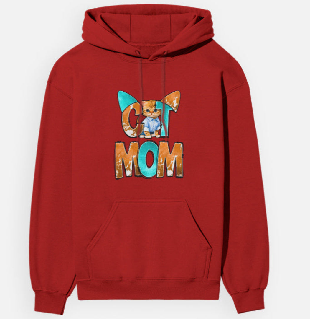 Red hoodie with 'Cat Mom' text and cat graphic on a white background