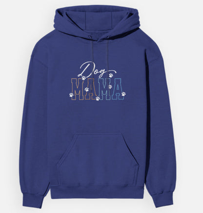 Blue hoodie with 'Dog Mama' text on a white background
