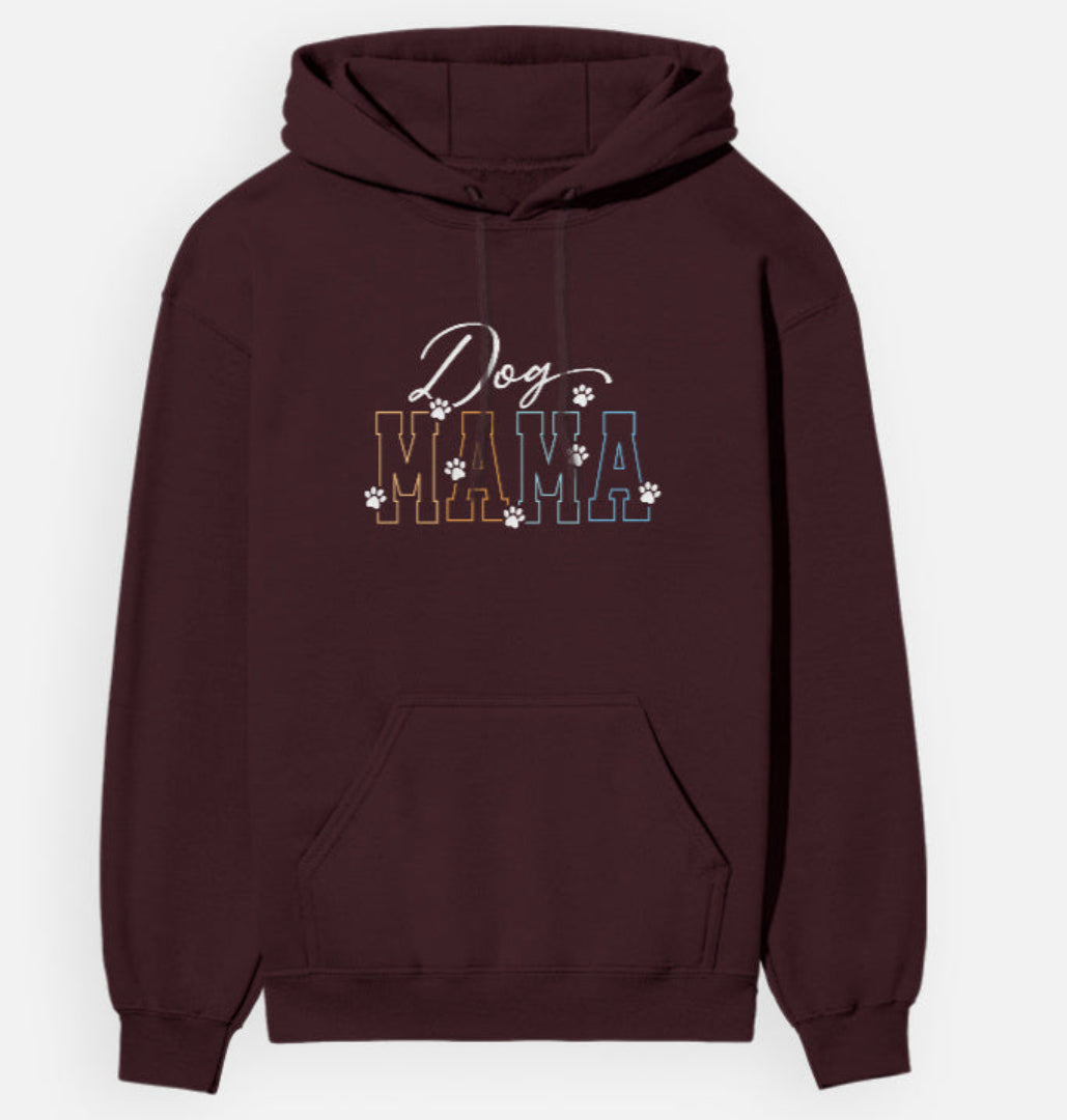 Maroon hoodie with 'Dog Mama' text on a white background