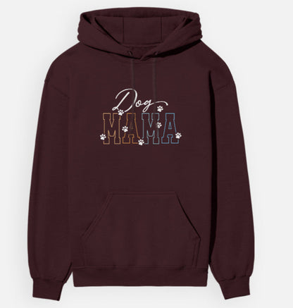 Maroon hoodie with 'Dog Mama' text on a white background