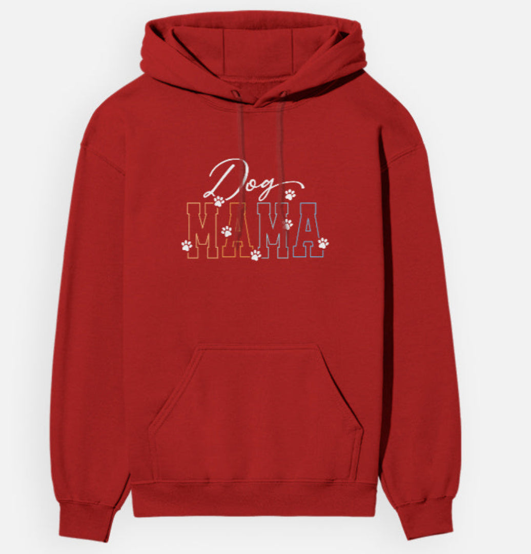 Red hoodie with 'Dog Mama' text on a white background