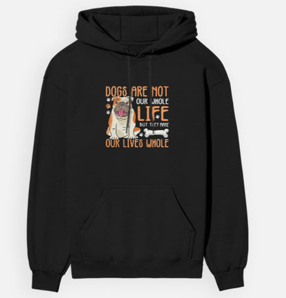 Black hoodie with a graphic of a dog and text on a white background