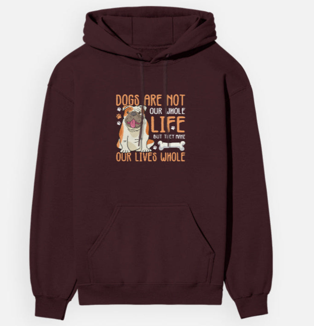 Maroon hoodie with a graphic of a dog and text on a white background