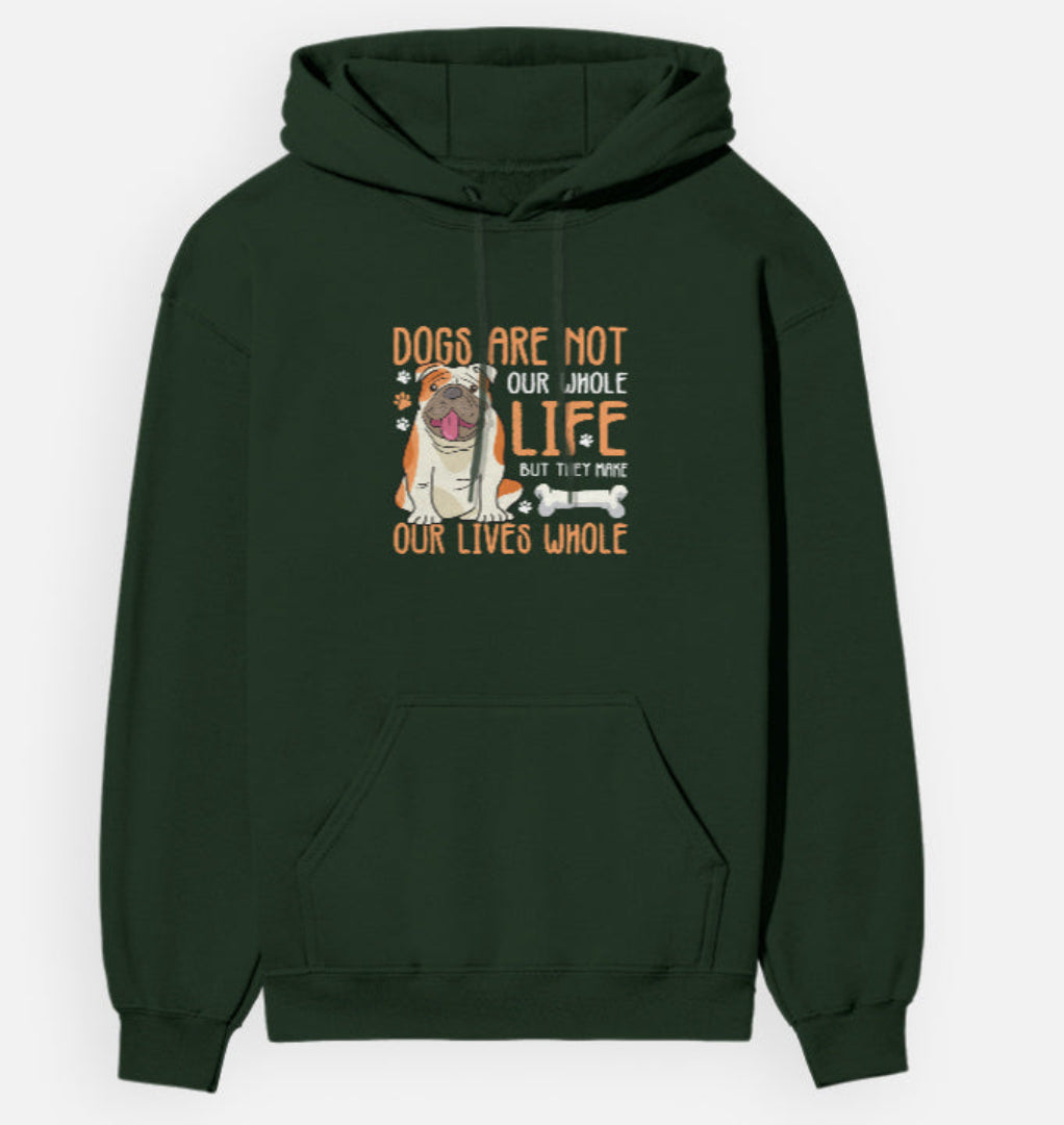 Green hoodie with a dog graphic and text on a white background