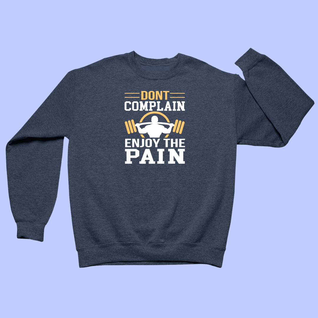 navy blue sweatshirt with motivational text and graphic on a light blue background