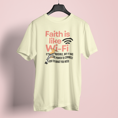 Light yellow t-shirt with text design on a pink background